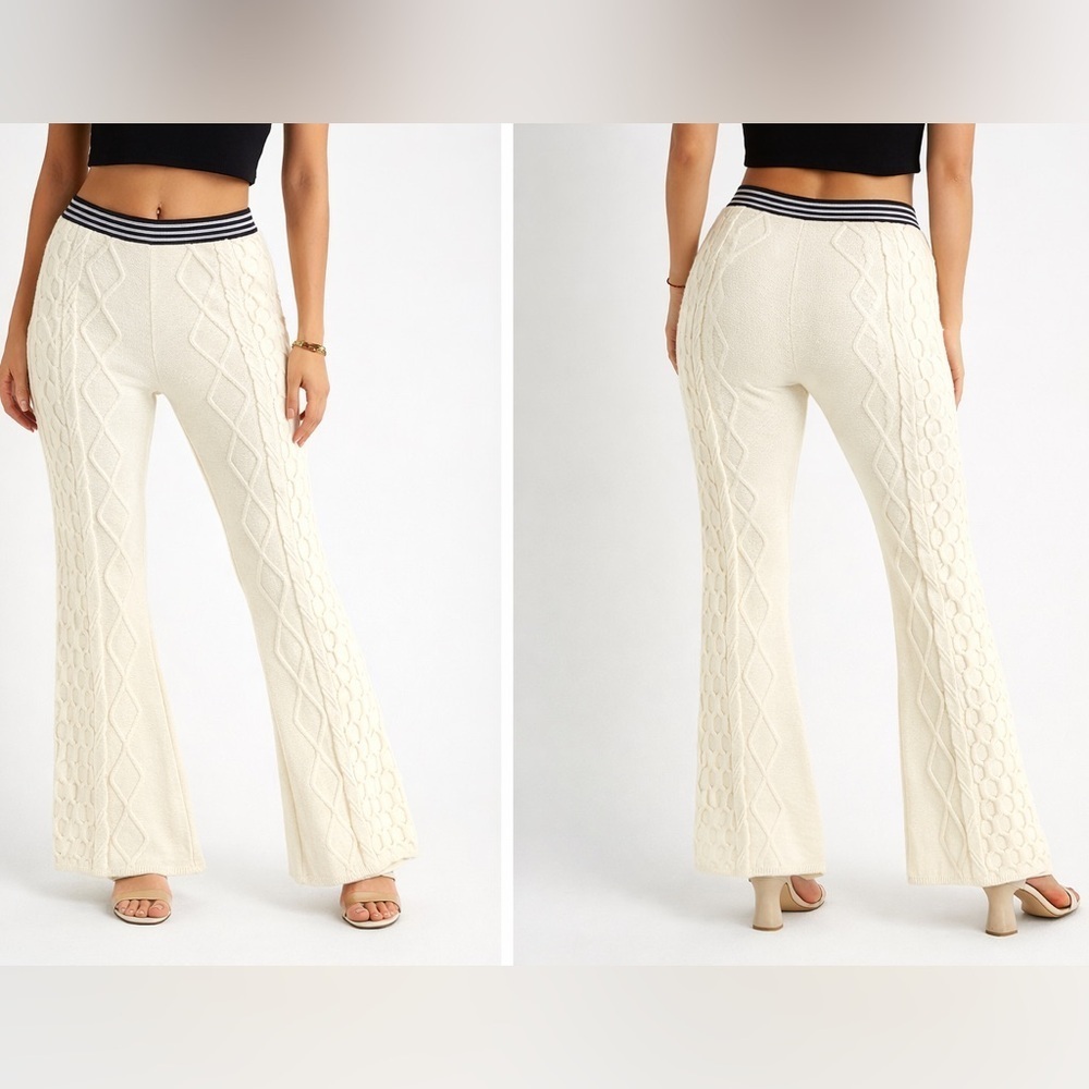 FreePeople Snowfall pants Size XS Cream Knit Flared Pants with Striped Waistband - Picture 1 of 14